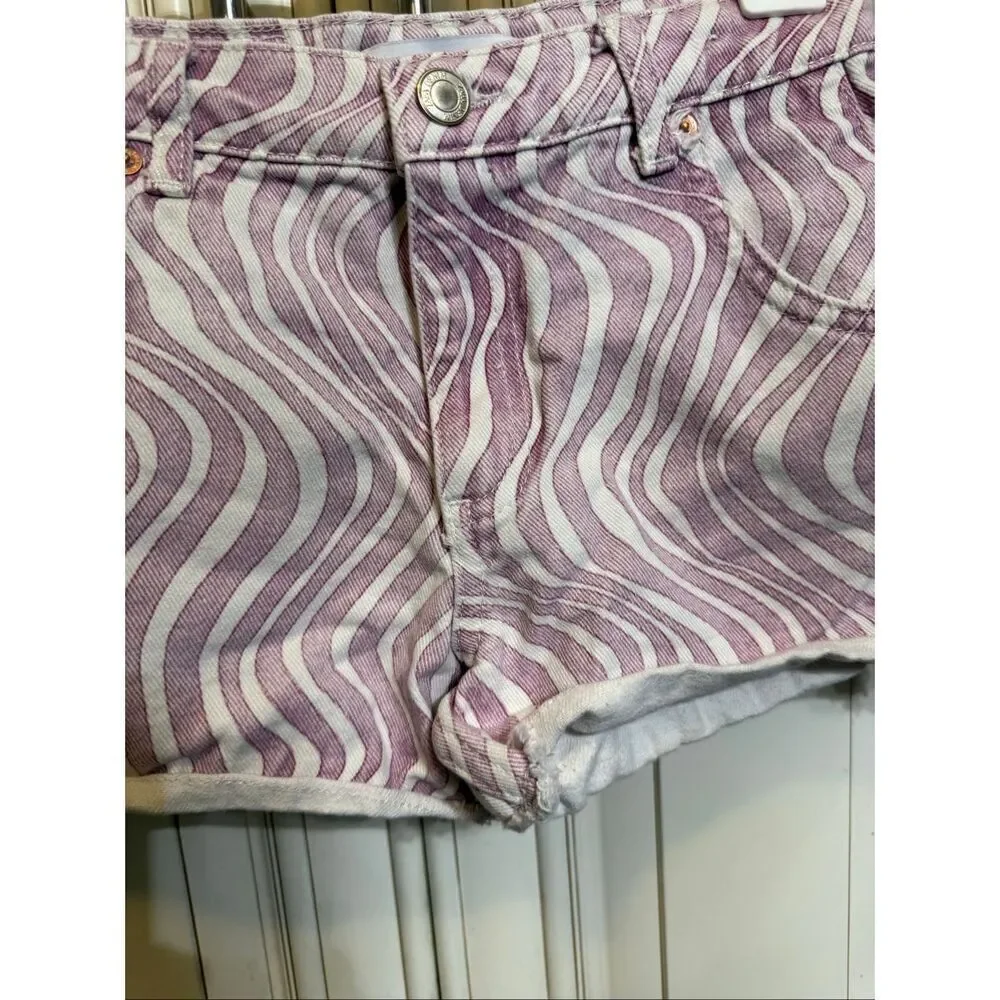 Zara Girls Wave Print Frayed Hem Cotton Denim Cut Off Shorts Pink White Size 8